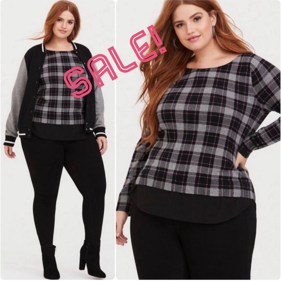 Torrid 2fer Gray Pink Plaid Sweater Pullover Shirttail Underlay Plus Size 2 2X - Picture 1 of 13